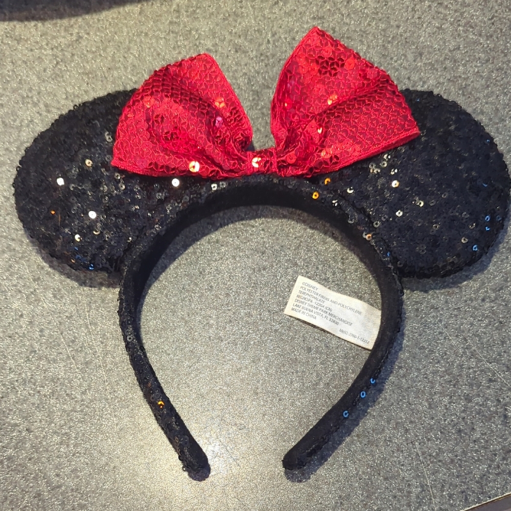 Disney Parks Sequin Black and Red Bow Minnie Mouse Ears Headband